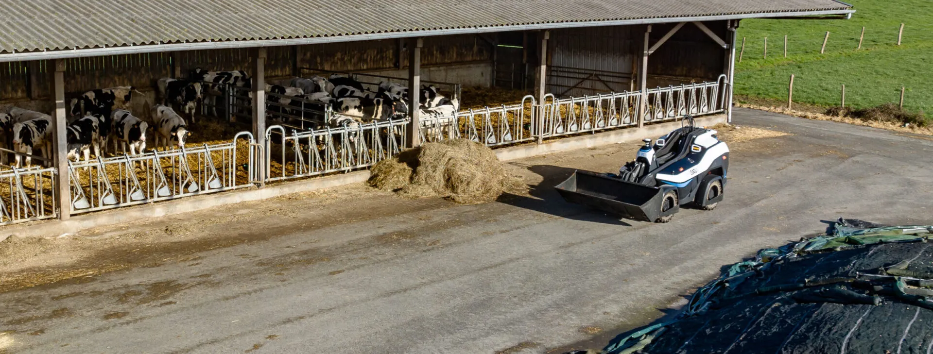 Loadix working in a farmyard, sweeping